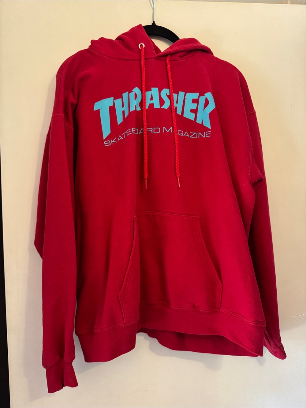 Thrasher Red Zip-Up Hoodie with Light Blue Logo - Men’s Sweater